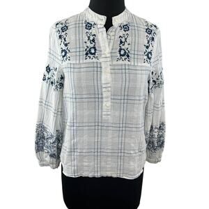 VERO MODA White & Blue Estella Long Sleeve Check Embroidered Top Popover S